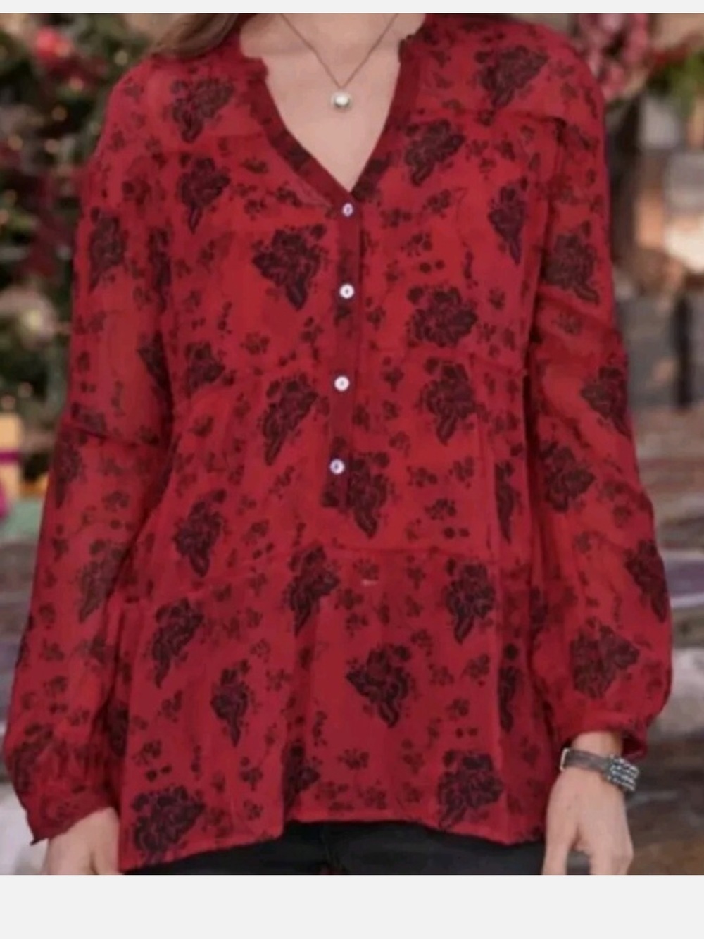 Sundance Elodie Red Black Sheer Floral V-Neck with Cami Size Medium